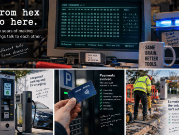 Hex programming, EPROMs, parking payments, EV charging and hands-on engineering from ten years at Cale