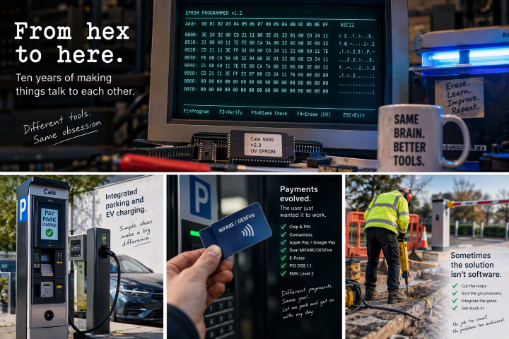 Hex programming, EPROMs, parking payments, EV charging and hands-on engineering from ten years at Cale